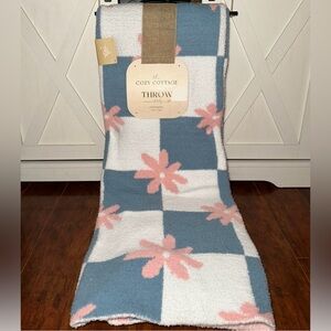 NEW The Cozy Cottage Knitted Throw Blanket Blue White Checkered Pink Floral